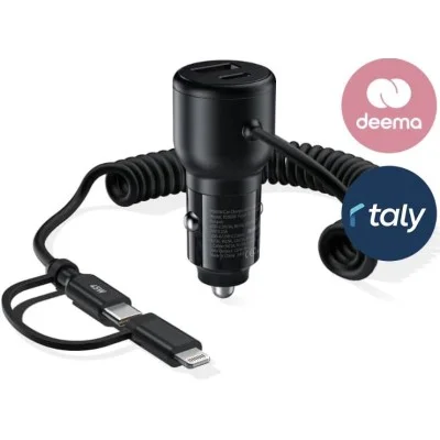 Choetech PD65W USB-C+USB-A Fast Car Charger with Coiled Cable - Black